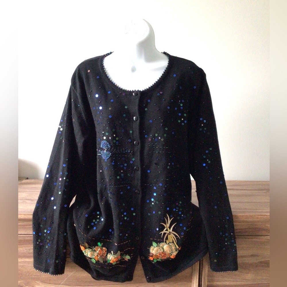 VTG  Quaker Factory Celestial Fall Pumpkin Beaded Halloween Cardigan Sweater L